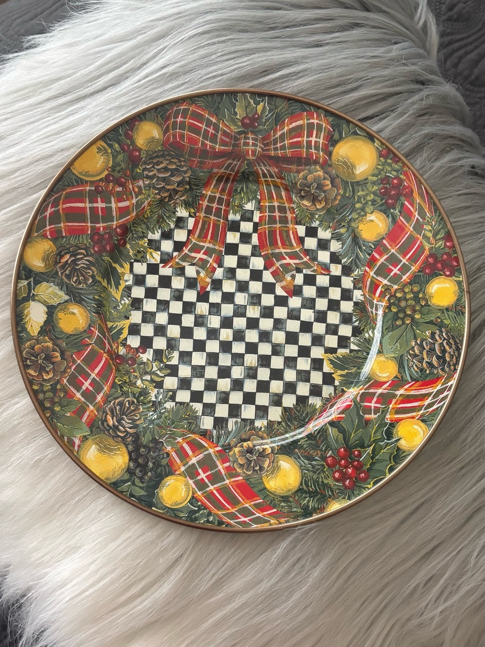 Mackenzie Childs RETIRED Evergreen Courtly Check Salad Dessert Plate 8” in